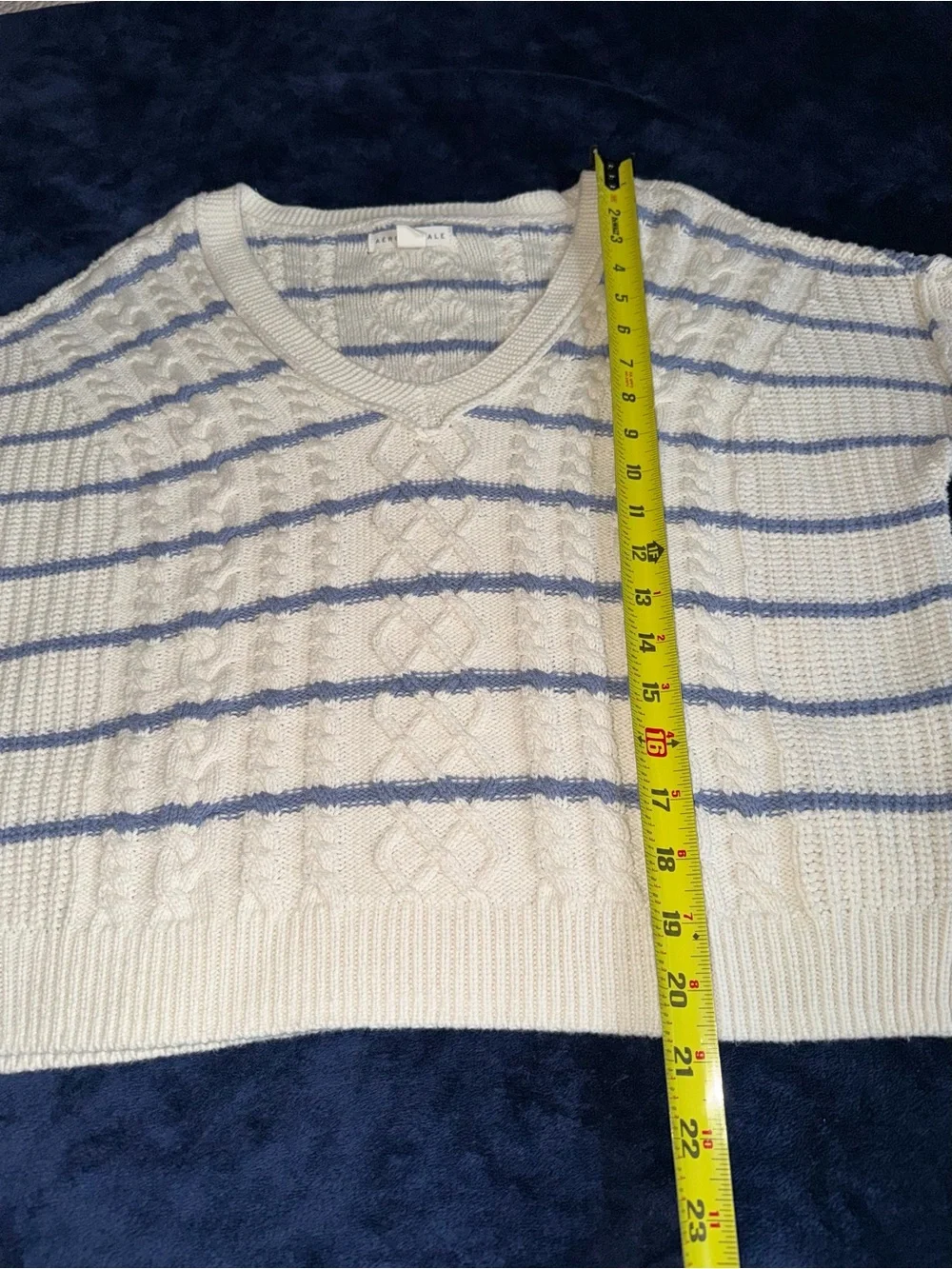 Aeropostale Cream Cable Knit V-Neck Sweater with Light Blue Stripes